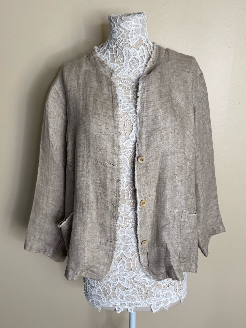 Eileen Fisher Organic Linen Blazer Frayed Edge Natural Beige Size 2X sustainable